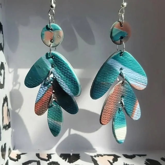 Teal ombre leaf drop dangle polymer clay earrings